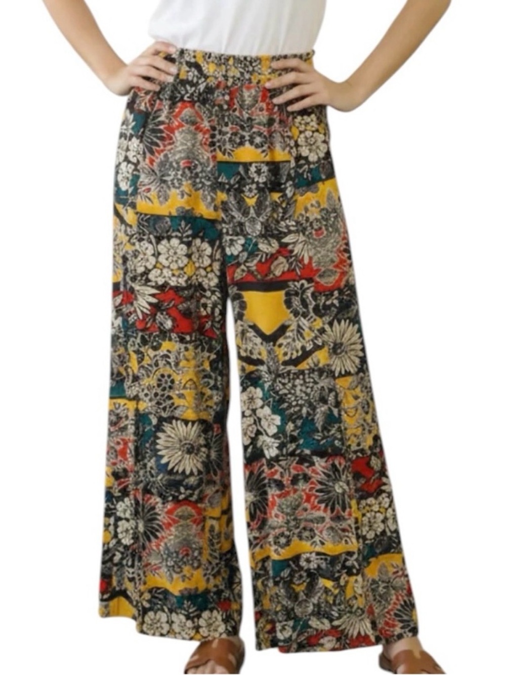 Bohemian Wide Leg Patchwork Floral Pants - Yellow Multicolor